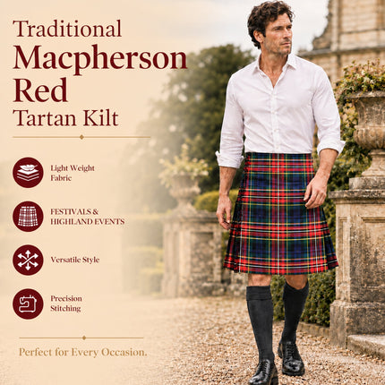 Kilt for Men I Macpherson Red Tartan Kilt Polyviscose 8 Yard Traditional Men Kilt