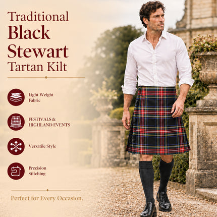 Kilt pour homme I Kilt traditionnel pour homme 8 verges en polyviscose à motif Black Stewart Tartan