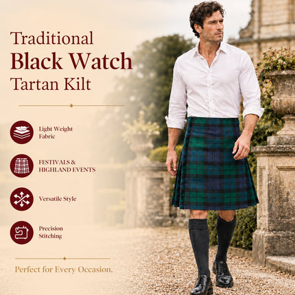 Kilt for Men I Black Watch Tartan Kilt Polyviscose 8 Yard Traditional Men Kilt | Big & Tall