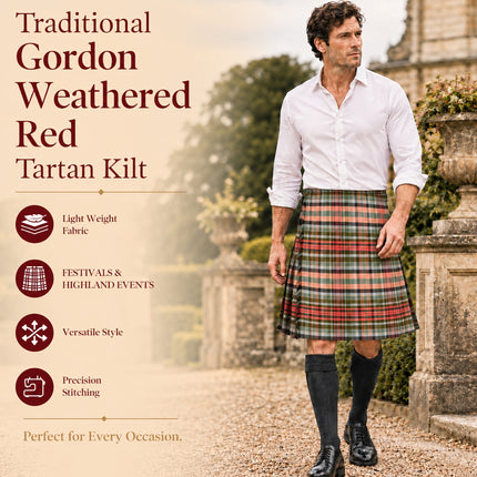 Kilt for Men I Gordon Weathered Red Tartan Kilt Polyviscose 8 Yard Traditional Men Kilt