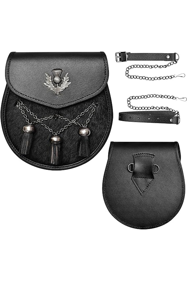 Deluxe Leather Sporran Black with Thistle Antique