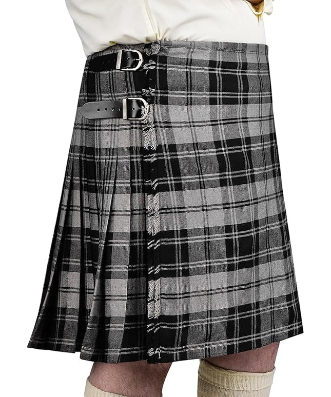 Grey Douglas Scottish Tartan Kilt for Men in polyviscose fabric, 8-yard traditional design, perfect for formal or casual occasions.






