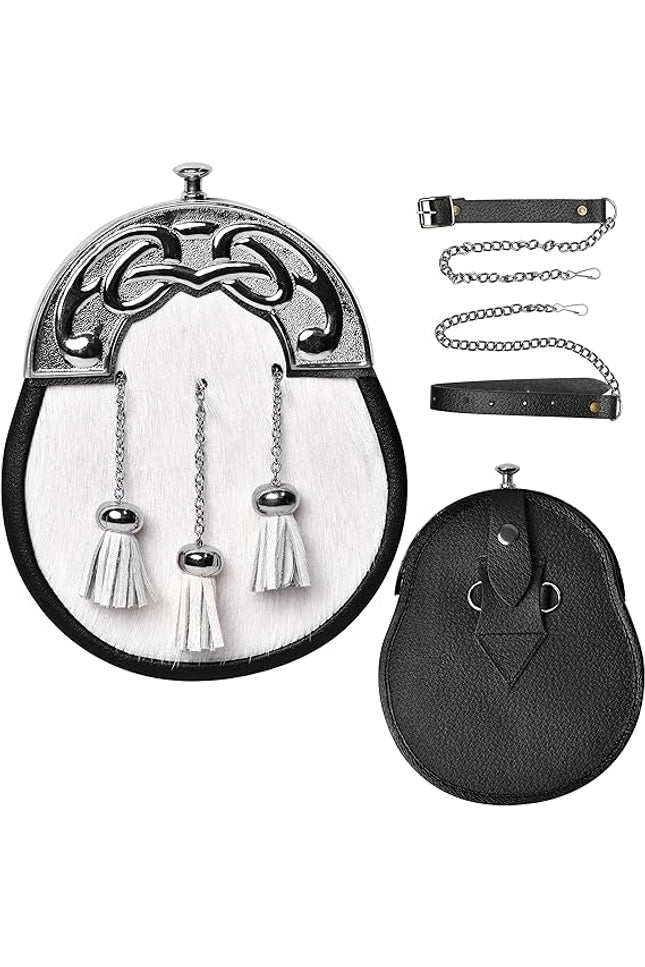 Formal White Bovine Sporran with Chrome Cantle