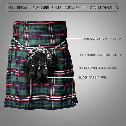 Formal Black Rabbit Fur Sporran with Black Cross Antique Cantle