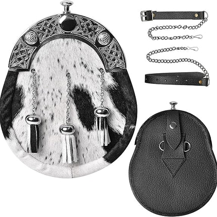 Formal White & Black Bovine Sporran with Celtic Chrome Cantle