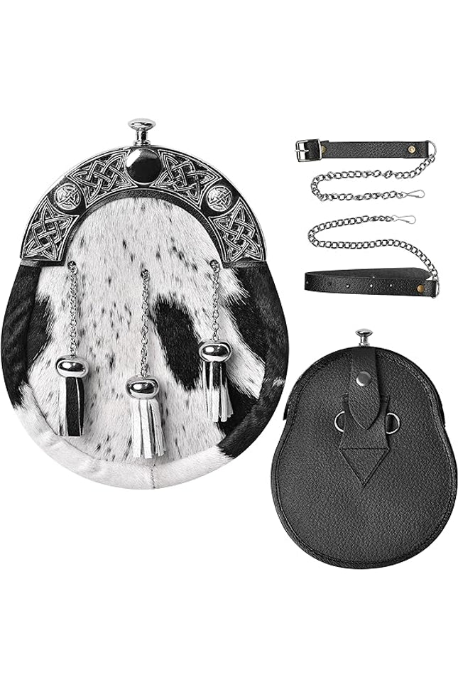 Formal White & Black Bovine Sporran with Celtic Chrome Cantle