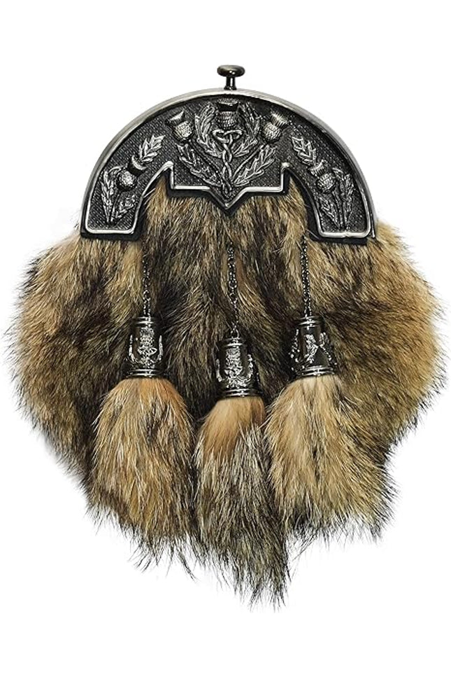 Coyote Fur Sporran with Thistle Antique Cantle
