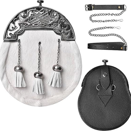 Formal White Bovine Sporran with Antique Lion Rampant Cantle