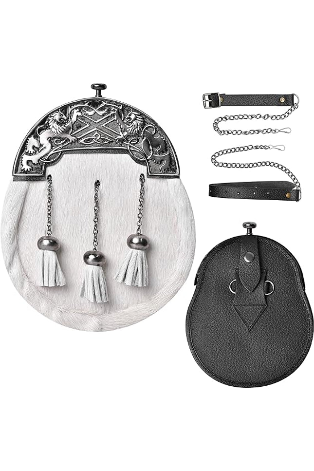 Formal White Bovine Sporran with Antique Lion Rampant Cantle