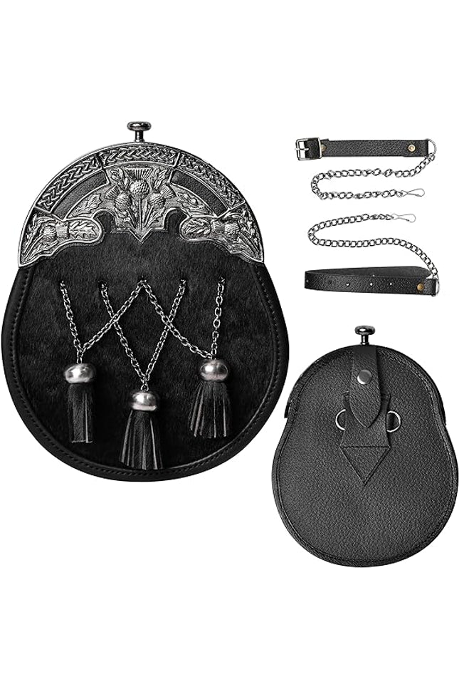 Formal Black Bovine Cross Chain Sporran with Thistle Antique Cantle