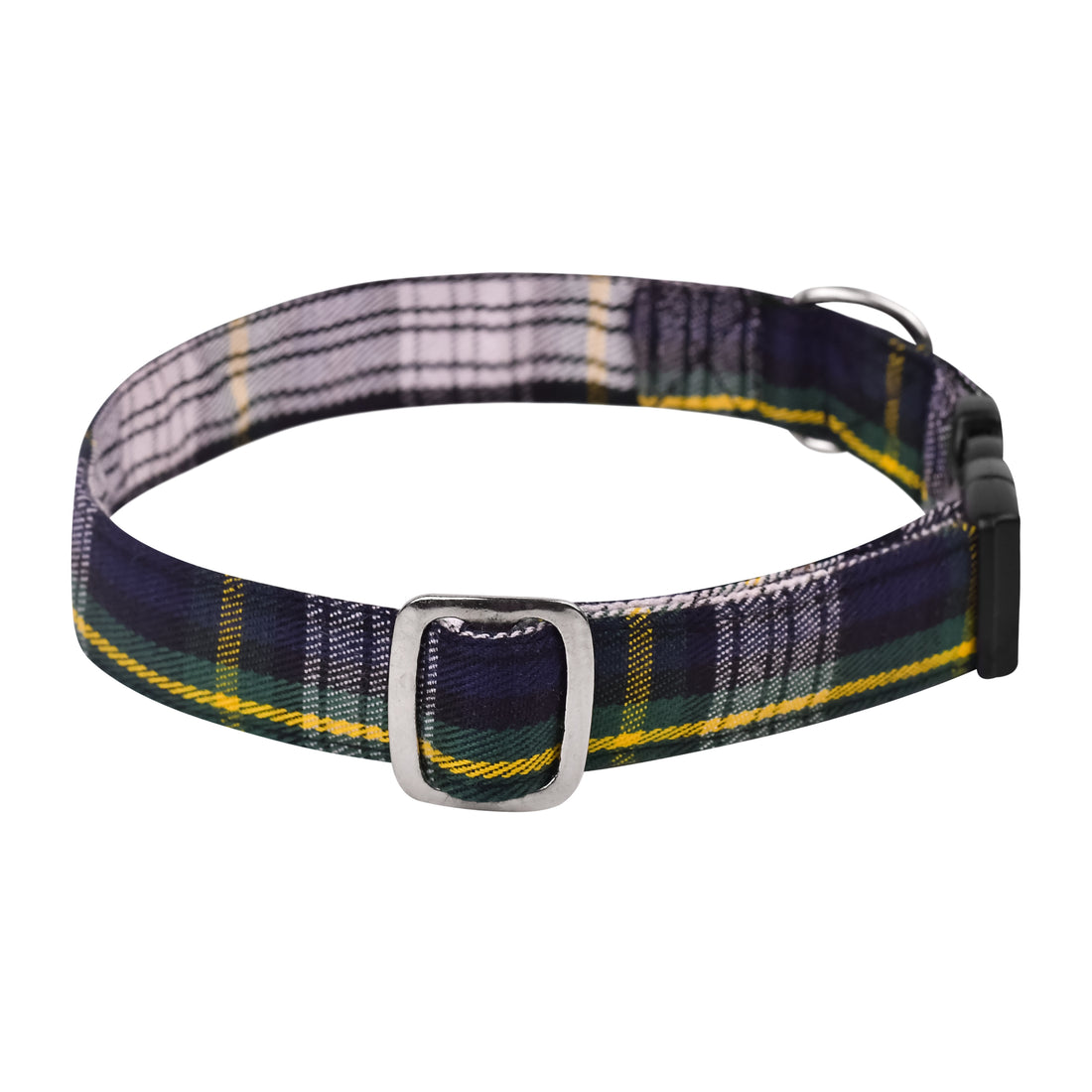 Dress Gordon Tartan Dog Collar with blue, green, and white pattern, showcasing stylish design and high-quality materials.