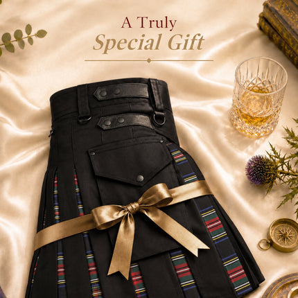 Black Stewart Hybrid Utility Kilt for Men  - Traditional Style with Modern Functionality