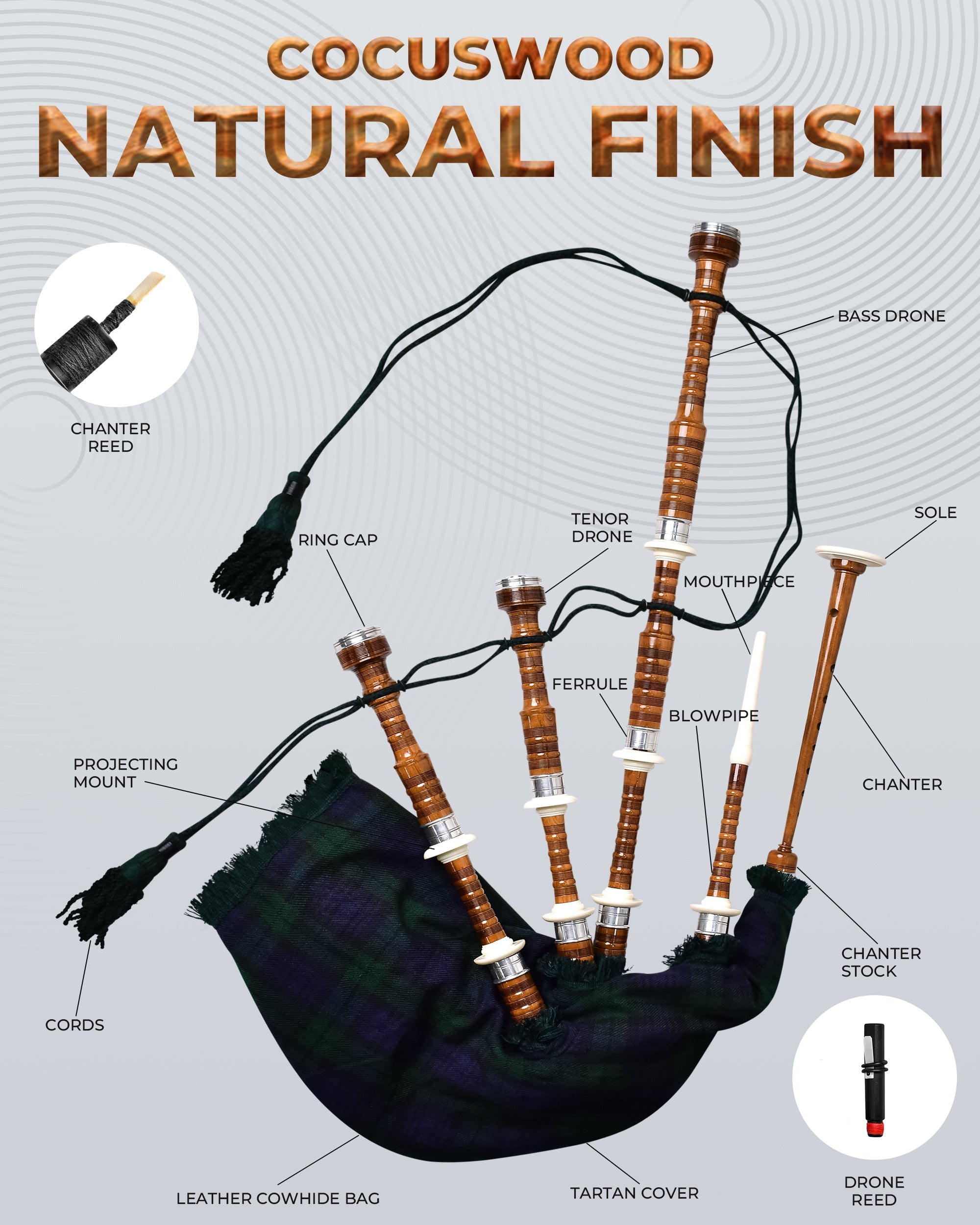 Bagpipe Pipe Ribbons Full Size Rosewood Bagpipe with Box | Black Watch – Highland Redstone US
