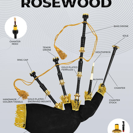 Full Size Rosewood  Bagpipe| Lead-Free Glossy Black Finish | Gold-Engraved Mounts & Ferrules | Hard Case | Premium Reeds + FREE Practice Chanter