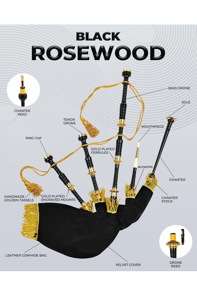 Full Size Rosewood  Bagpipe| Lead-Free Glossy Black Finish | Gold-Engraved Mounts & Ferrules | Hard Case | Premium Reeds + FREE Practice Chanter