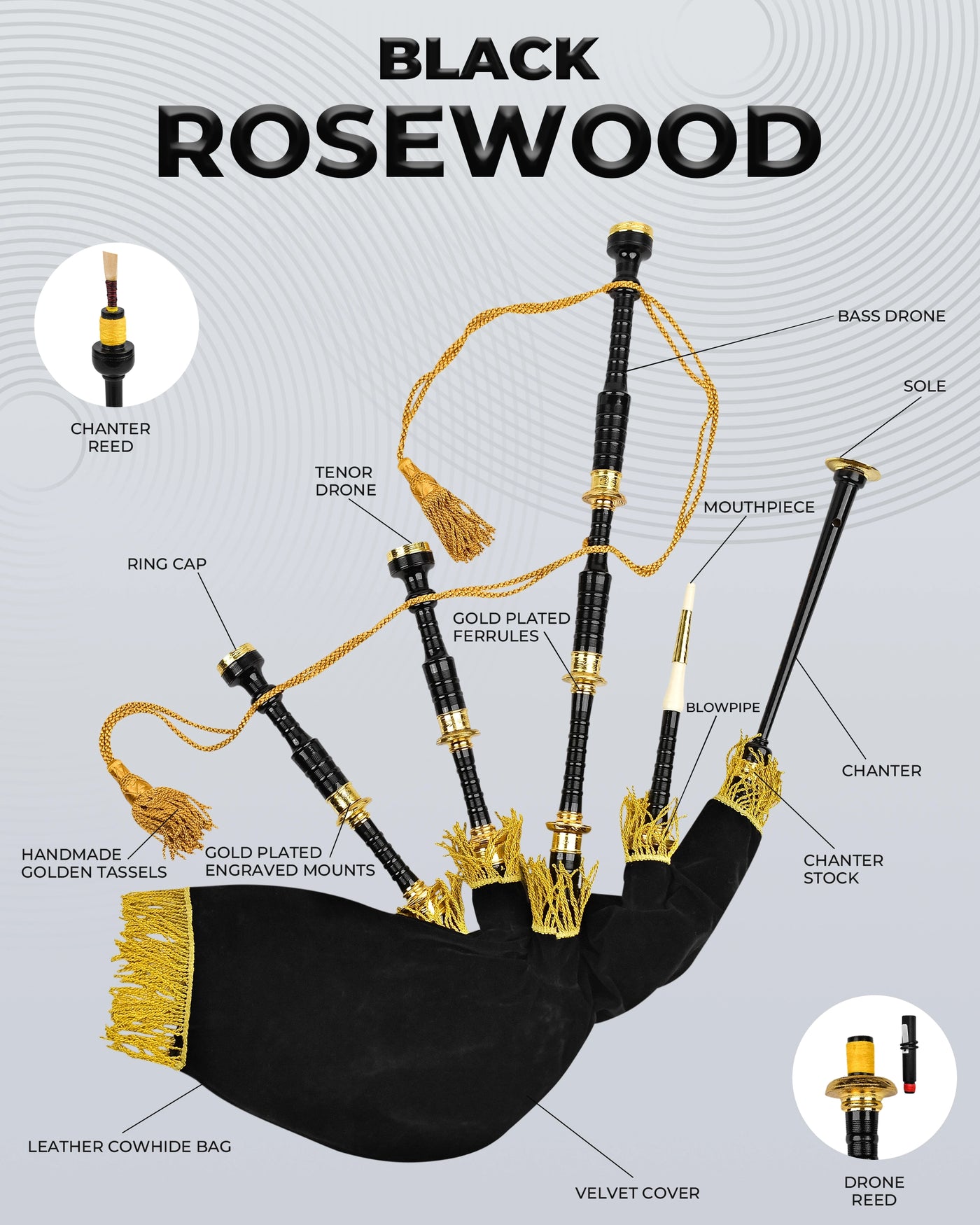 Full Size Rosewood  Bagpipe| Lead-Free Glossy Black Finish | Gold-Engraved Mounts & Ferrules | Hard Case | Premium Reeds + FREE Practice Chanter