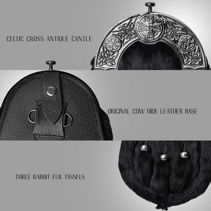 Black Rabbit Fur Sporran Antique Cantle