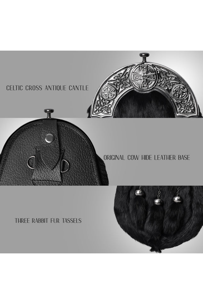 Formal Black Rabbit Fur Sporran with Black Celtic Antique Cantle