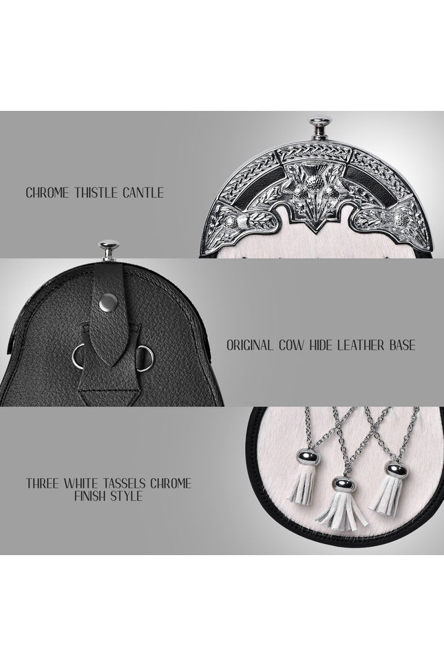 Formal White Bovine Cross Chain Sporran with Thistle Chrome Cantle