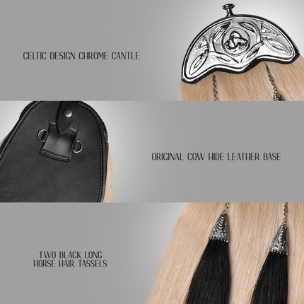 Full Dress Horse Hair Sporran with intricate Celtic Design Chrome Cantle, showcasing premium craftsmanship and luxurious materials.