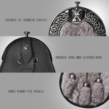 Grey Rabbit Fur Sporran Antique Cantle featuring genuine rabbit fur and an antique cantle design, perfect for formal Scottish dress.