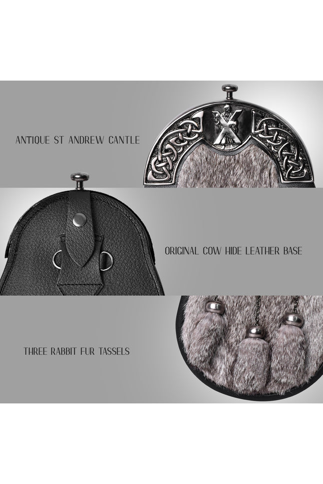 Grey Rabbit Fur Sporran Antique Cantle featuring genuine rabbit fur and an antique cantle design, perfect for formal Scottish dress.