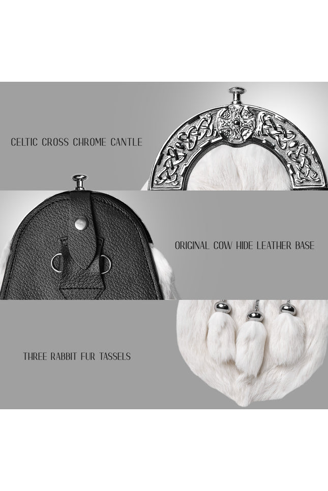 Formal White Rabbit Fur Sporran with Cross Chrome Cantle