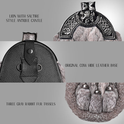 Grey Rabbit Fur Sporran Antique Cantle featuring genuine rabbit fur and an antique cantle design, perfect for formal Scottish dress.