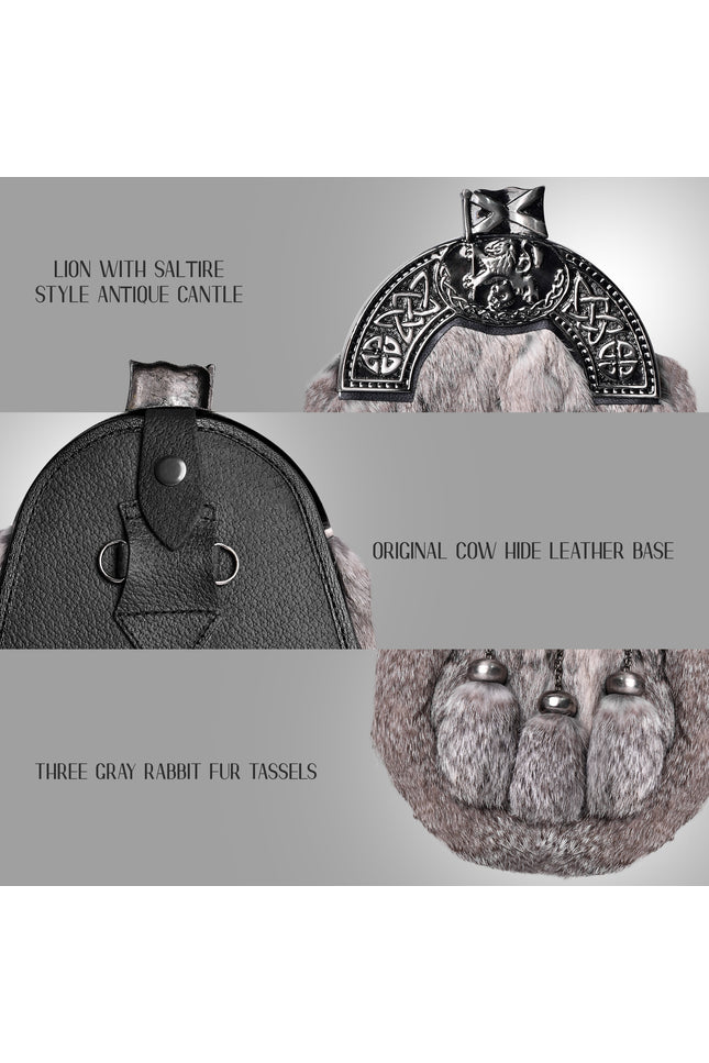 Grey Rabbit Fur Sporran Antique Cantle featuring genuine rabbit fur and an antique cantle design, perfect for formal Scottish dress.