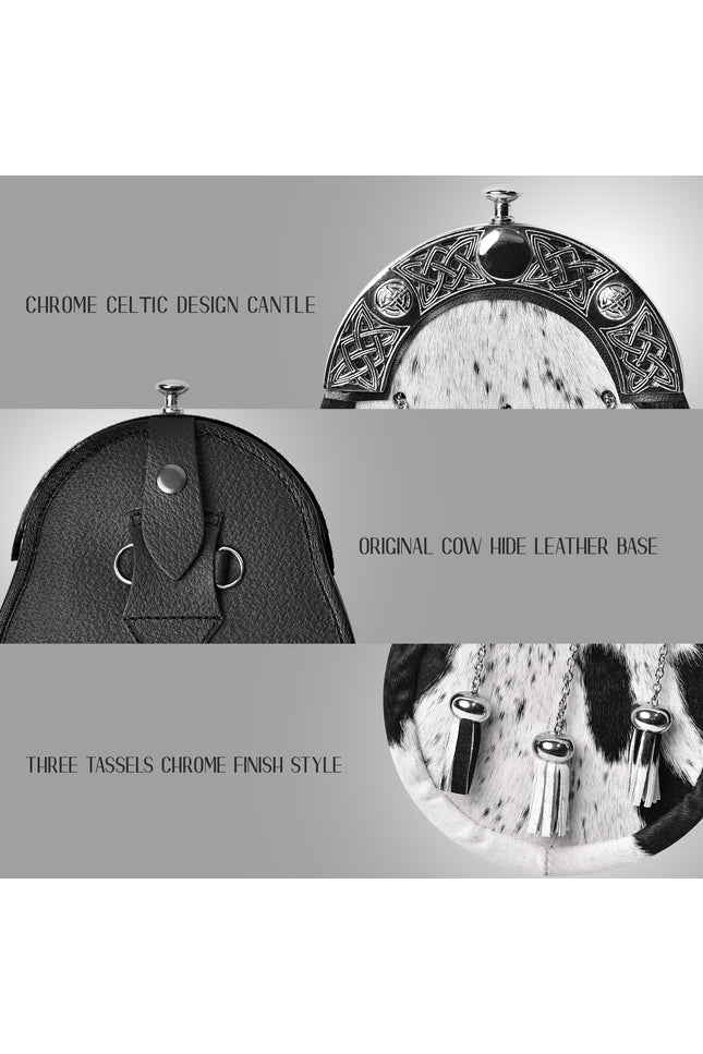 Premium Scottish White & Black Bovine Sporran with Chain Belt