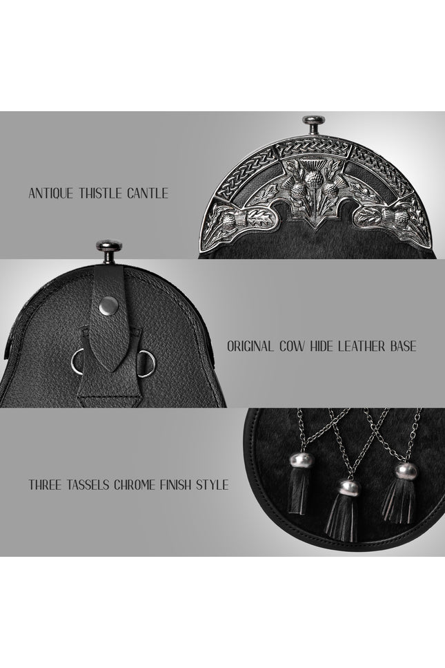 Scottish Black Bovine Sporran with chain belt and cross chain tassels design