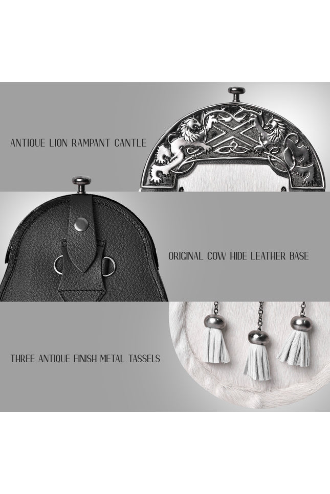 Formal White Bovine Sporran with Antique Lion Rampant Cantle