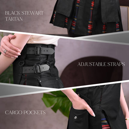 Women's Hybrid Utility Kilt in Black Stewart Tartan