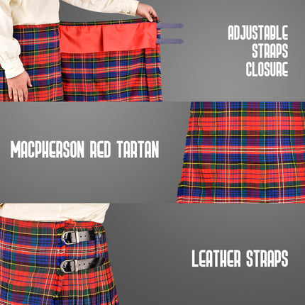 Kilt for Men I Macpherson Red Tartan Kilt Polyviscose 8 Yard Traditional Men Kilt