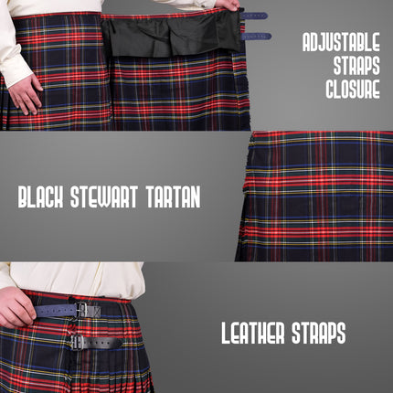 Kilt for Men I Black Stewart Tartan Kilt Polyviscose 8 Yard Traditional Men Kilt