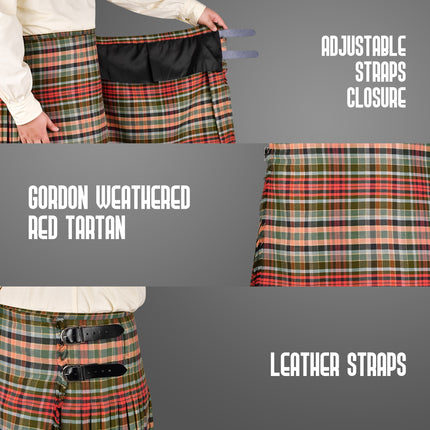 Kilt for Men I Gordon Weathered Red Tartan Kilt Polyviscose 8 Yard Traditional Men Kilt