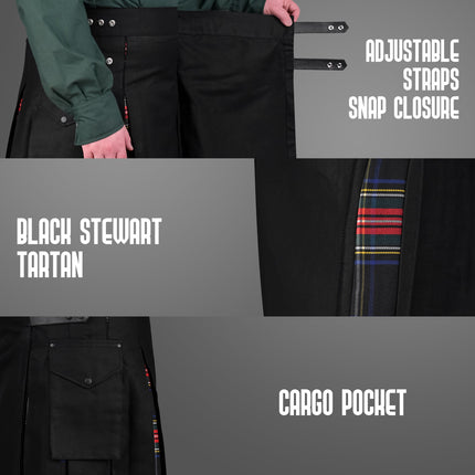 Black Stewart Hybrid Utility Kilt for Men  - Traditional Style with Modern Functionality