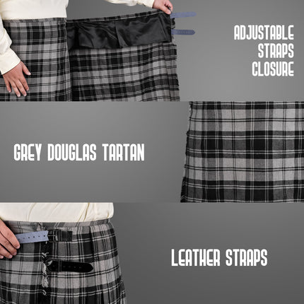 Kilt for Men I Grey Douglas Tartan Kilt Polyviscose 8 Yard Traditional Men Kilt
