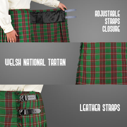 Kilt for Men I Welsh National Tartan Kilt Polyviscose 8 Yard Traditional Men Kilt