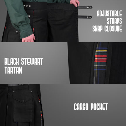 Black Stewart Hybrid Utility Kilt for Men  – Traditional Style with Modern Functionality