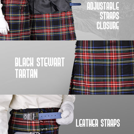 Kilt for Men I Black Stewart Tartan Kilt Polyviscose 8 Yard Traditional Men Kilt