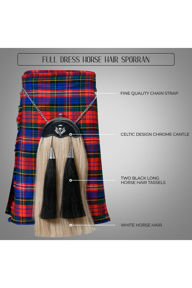 Full Dress Horse Hair Sporran with detailed Thistle Chrome Cantle, showcasing luxurious materials and traditional Scottish design.