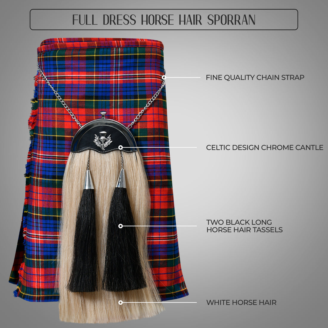 Full Dress Horse Hair Sporran w/ Thistle Chrome Cantle