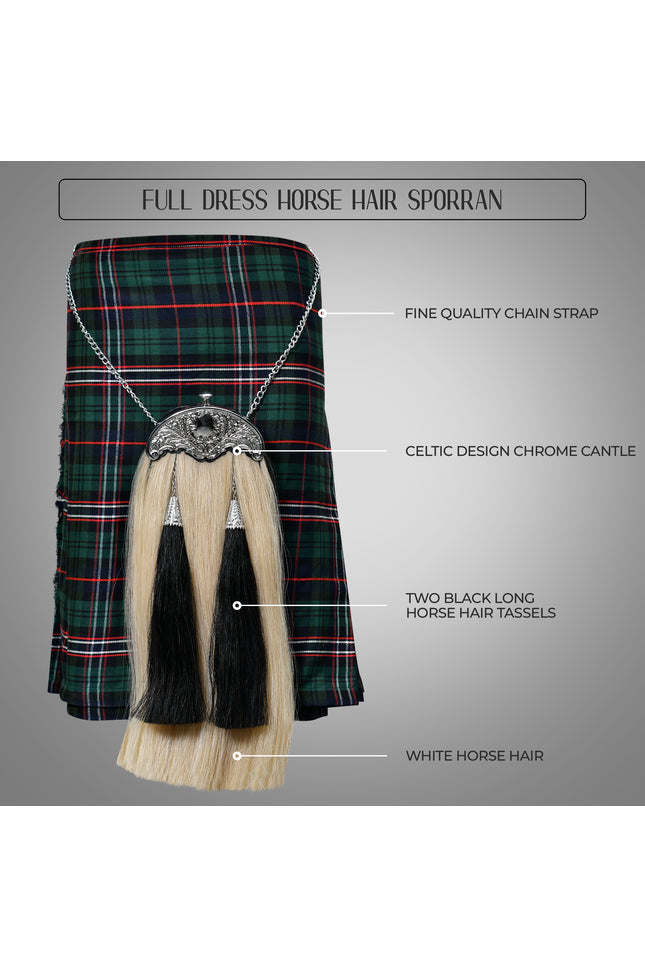 Full Dress Horse Hair Sporran with black horse hair tassels - Traditional Scottish formal accessory