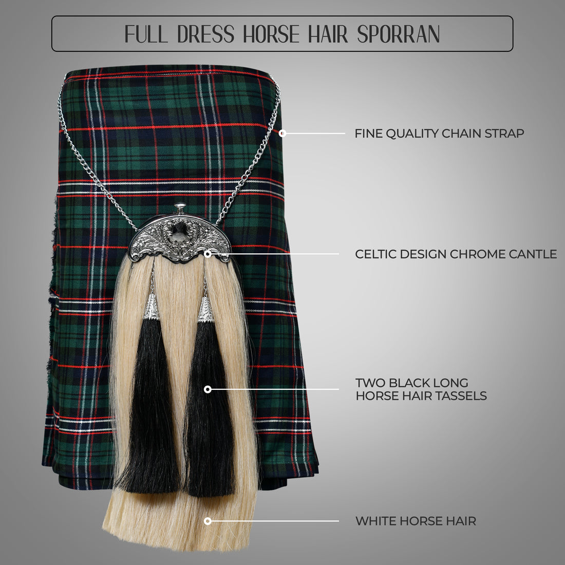 Full Dress Horse Hair Sporran with black horse hair tassels - Traditional Scottish formal accessory