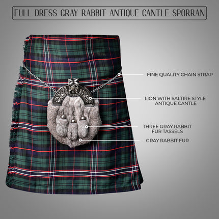 Grey Rabbit Fur Sporran Antique Cantle featuring genuine rabbit fur and an antique cantle design, perfect for formal Scottish dress.