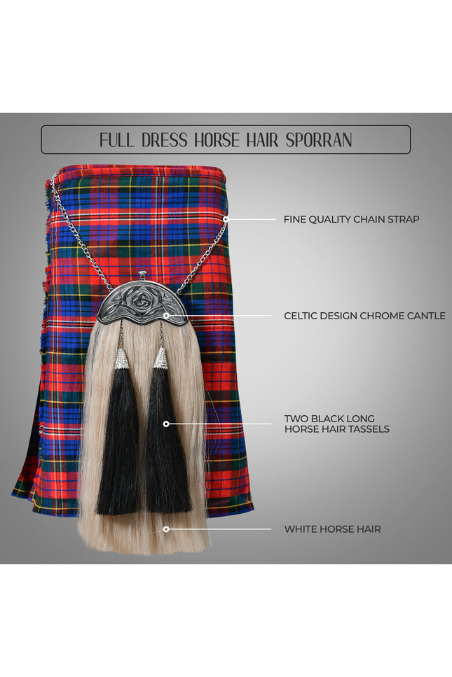 Full Dress Horse Hair Sporran with intricate Celtic Design Chrome Cantle, showcasing premium craftsmanship and luxurious materials.