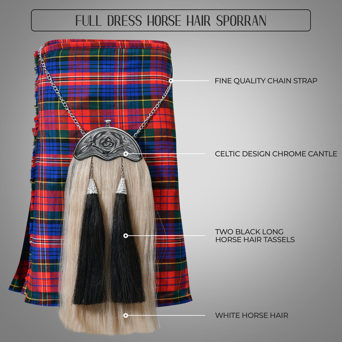 Full Dress Horse Hair Sporran w/ Celtic Design Chrome Cantle