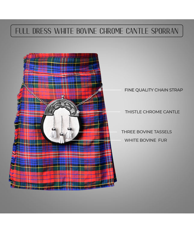Premium Quality Scottish White Bovine Sporran with Chain Belt
