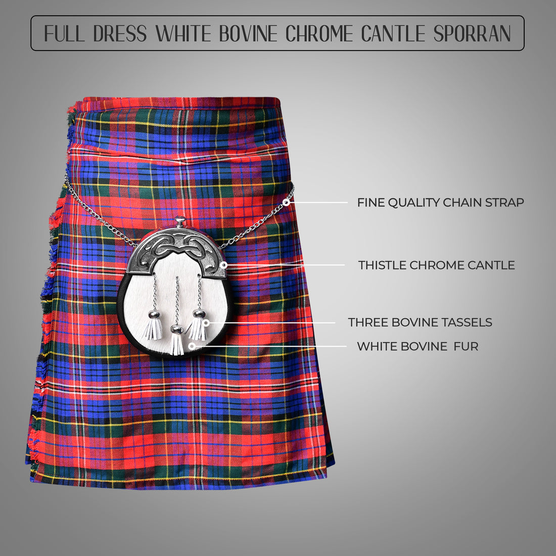 Scottish White Bovine Sporran with chain belt Premium quality kilt sporran for men